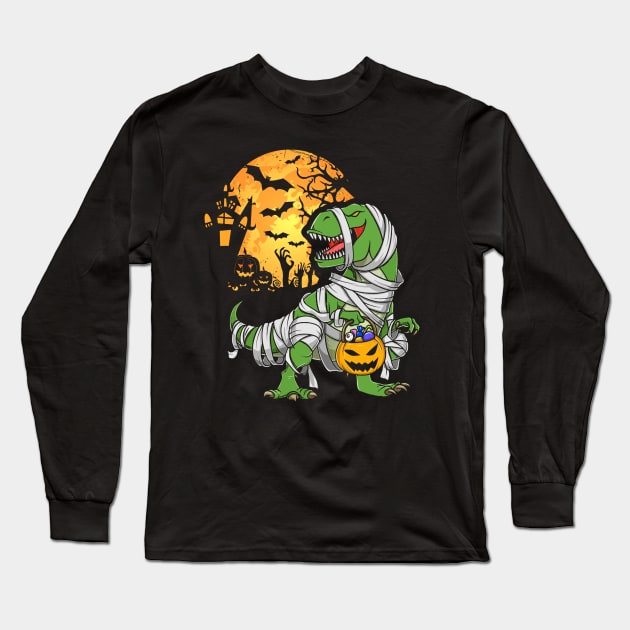 Halloween Shirts for Boys Kids Dinosaur T rex Mummy Pumpkin Long Sleeve T-Shirt by Merricksukie3167